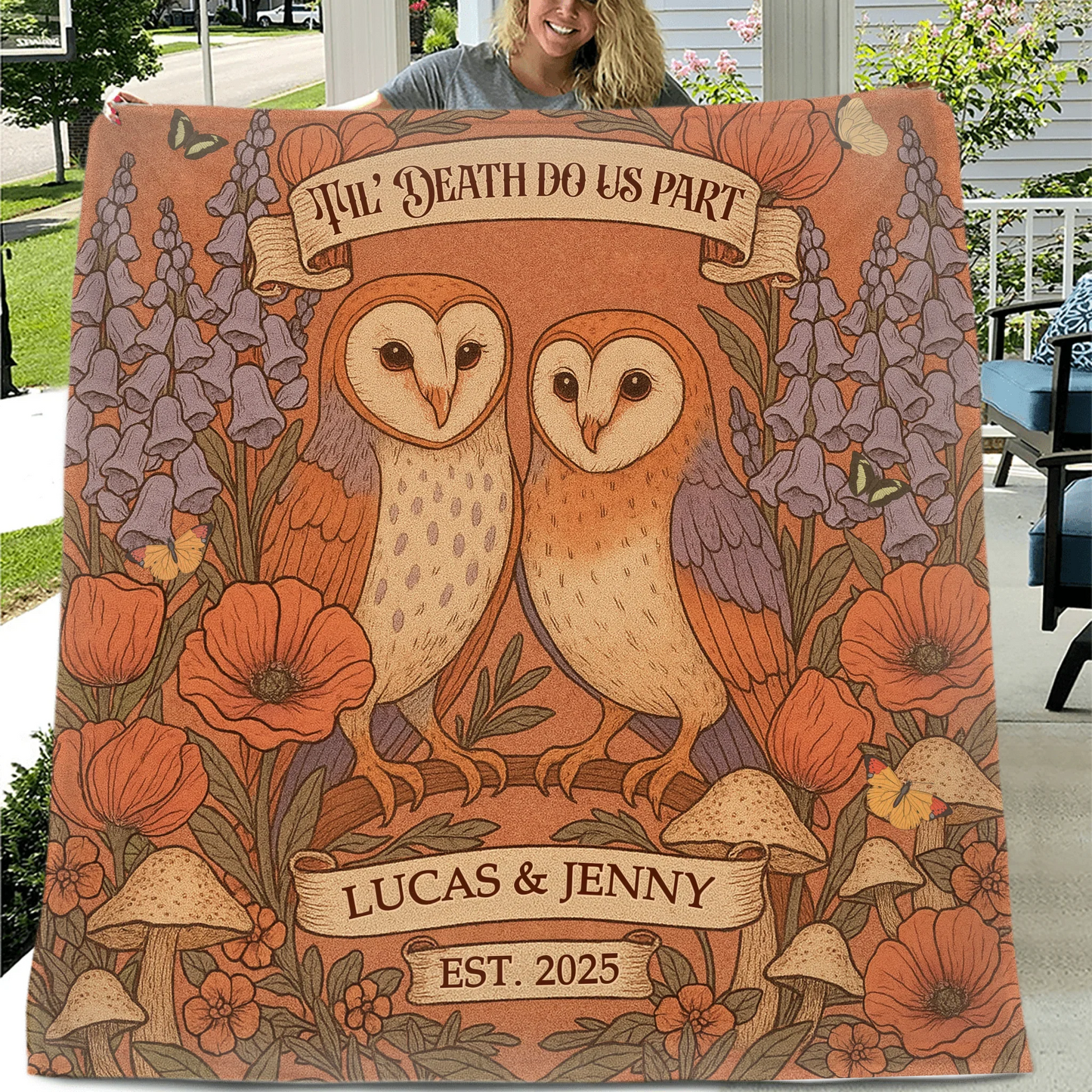 Personalized Owl Couple Cottage Quilt/Fleece Throw Blanket - Gift Idea For Couple - Til' Death Do Us Part