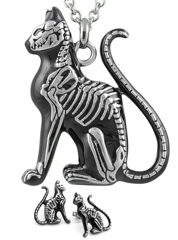 Skeleton Cat Necklace And Earrings Set Gothic Jewelry